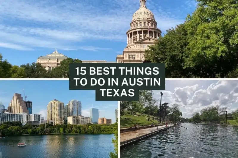 Panoramic view of downtown Austin skyline and Lady Bird Lake at dusk