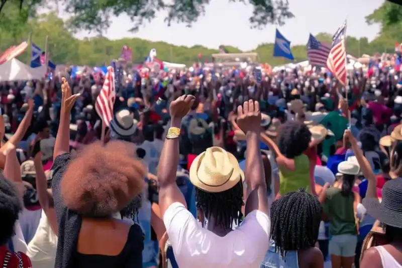 Community members gathering for outdoor Juneteenth heritage festival celebrations in Texas