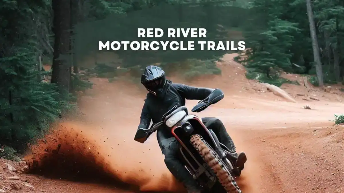 Riders on off-road dirt bikes navigating rugged limestone bluffs and sandy trails at Red River Motorcycle Trails in Bulcher Texas