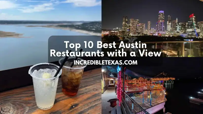 Panoramic outdoor patio dining terrace overlooking Lady Bird Lake and the Austin downtown skyline
