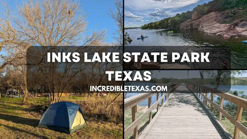 Scenic shoreline view of Inks Lake with pink gneiss rock outcrops along calm blue waters in the Texas Hill Country