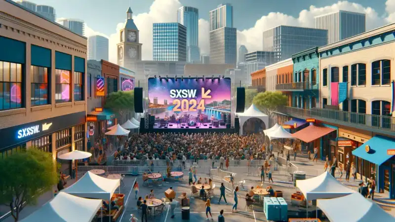 South by Southwest festival crowds and outdoor live music stage in downtown Austin Texas