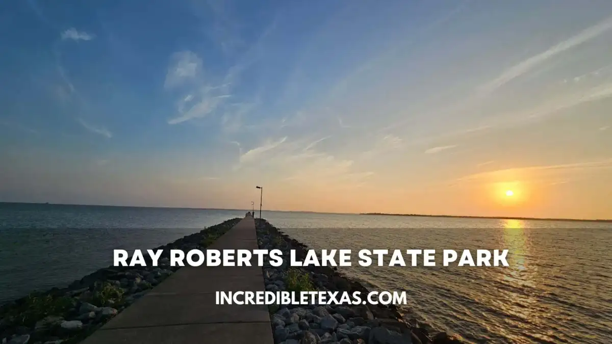 Scenic shoreline trail and calm waters at Ray Roberts Lake State Park in Pilot Point Texas