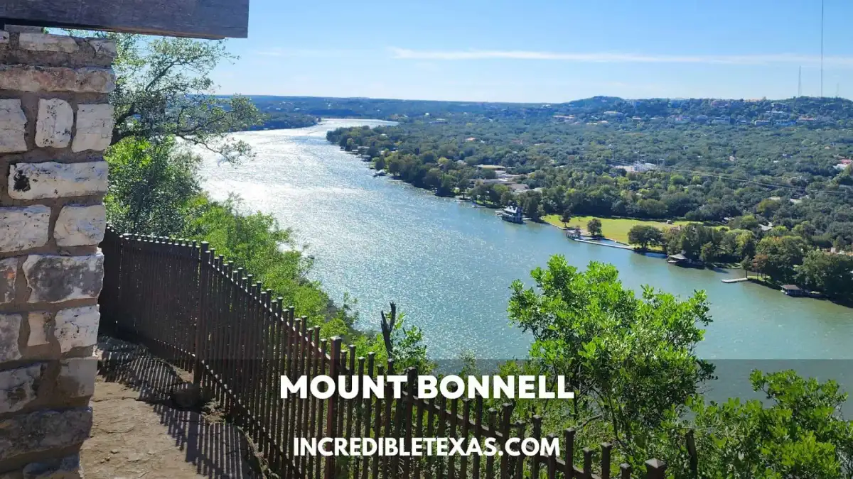 Panoramic scenic view of Lake Austin and Hill Country from the limestone summit of Mount Bonnell