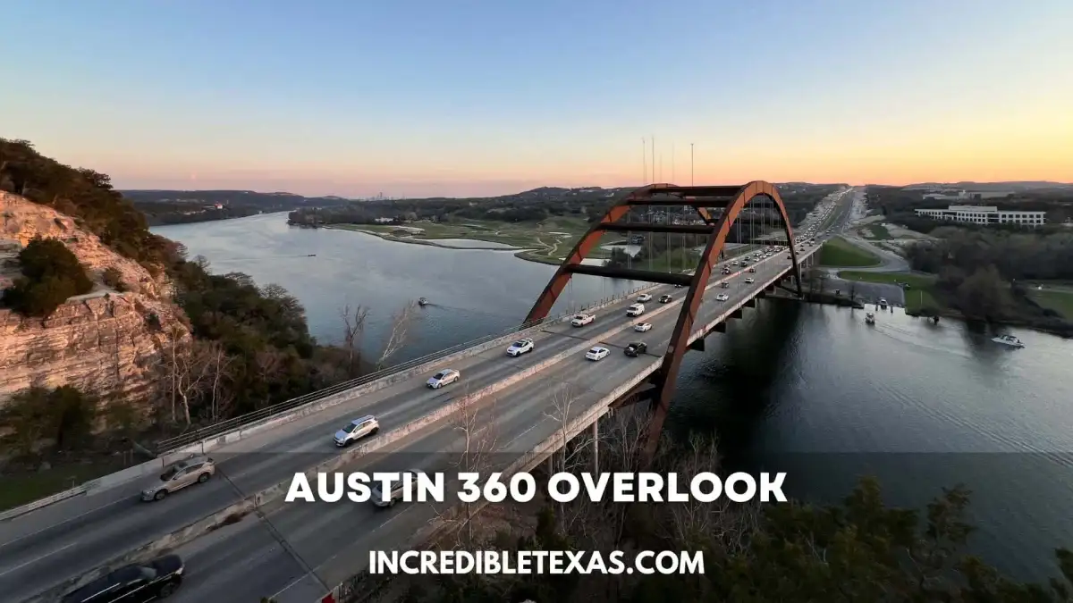 Panoramic view of Lake Austin and the Pennybacker 360 Bridge from the rocky limestone overlook cliff
