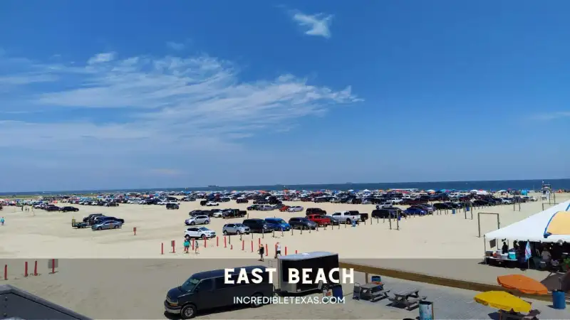 Expansive sandy shoreline and Gulf waters at East Beach in Galveston with beachgoers and pavilions