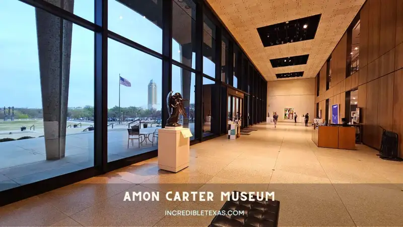 Exterior view of the Philip Johnson limestone facade and plaza at the Amon Carter Museum of American Art in Fort Worth