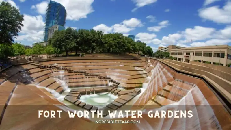 Stepped concrete terraces and cascading waterfalls at Fort Worth Water Gardens active pool