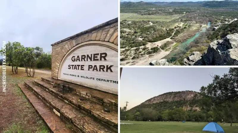Limestone bluffs overlooking campers and swimmers along the Frio River at Garner State Park