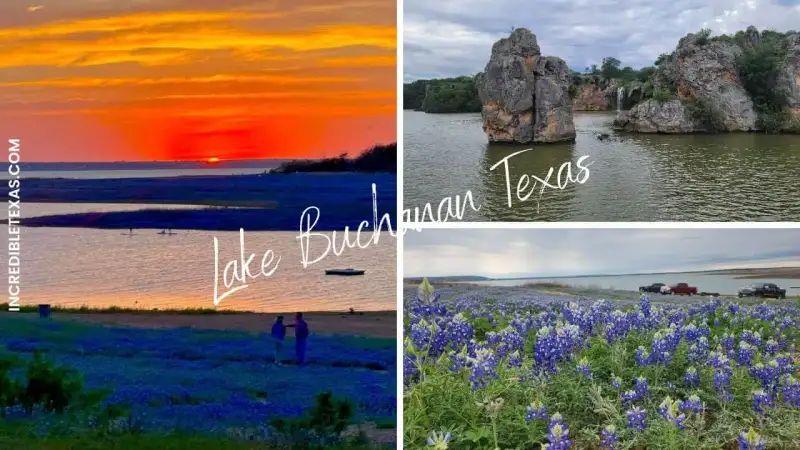 Pink granite shoreline and open waters of Lake Buchanan in the Texas Hill Country