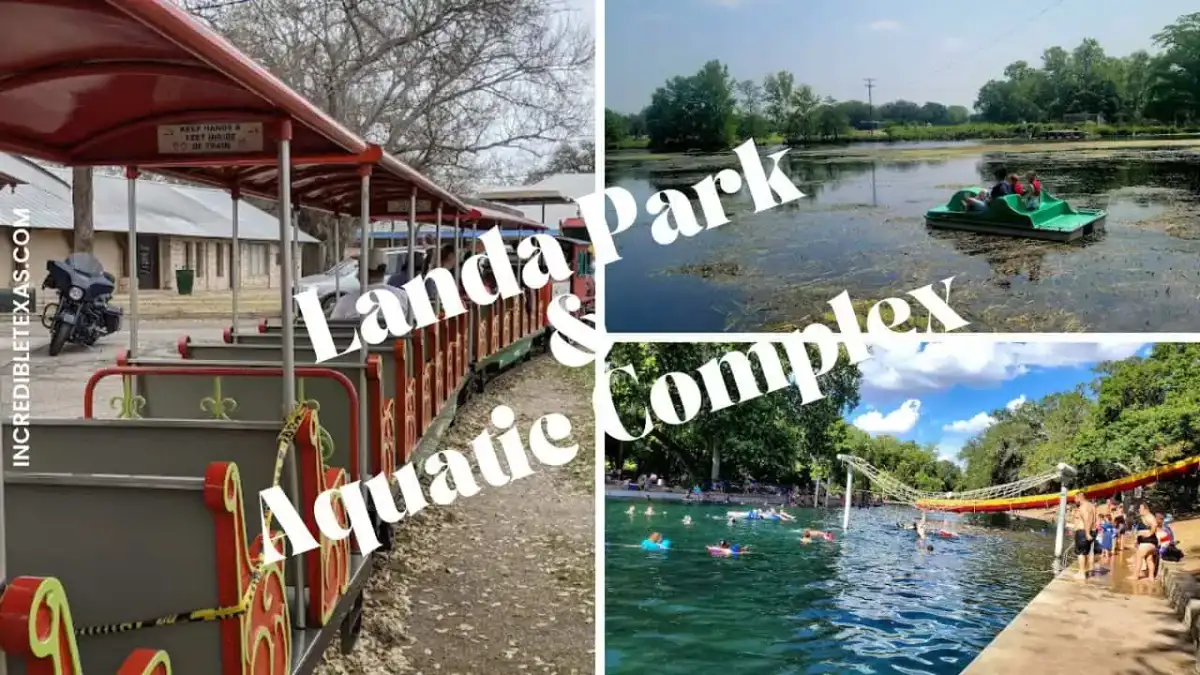 Aerial view of Landa Park grounds, Landa Lake, and surrounding trees in New Braunfels