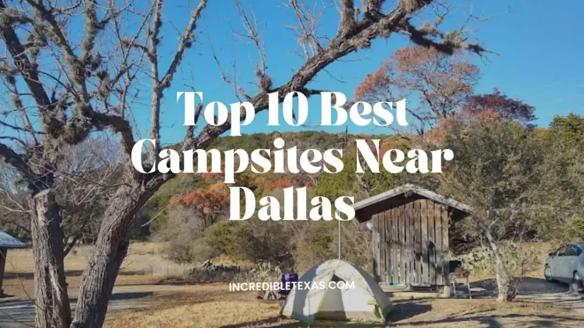 Tent campsite setup under oak trees at a scenic North Texas state park near Dallas