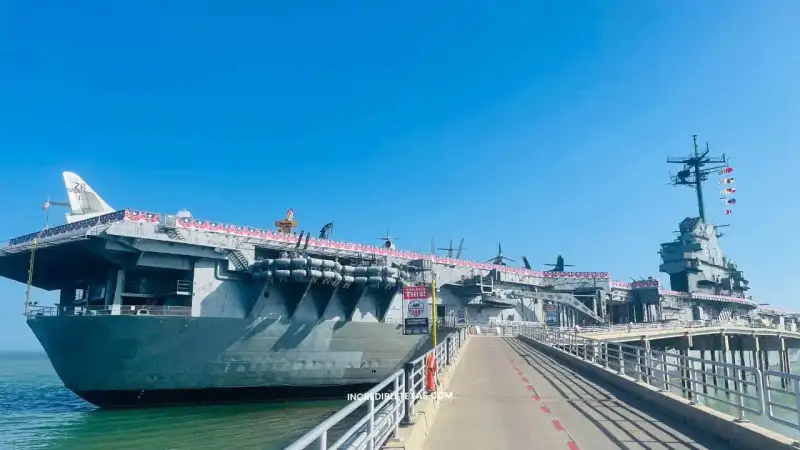 USS Lexington aircraft carrier docked on North Beach in Corpus Christi