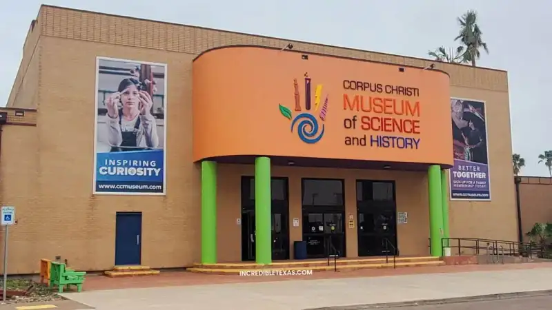 Exterior entrance plaza and maritime exhibit displays at Corpus Christi Museum of Science and History