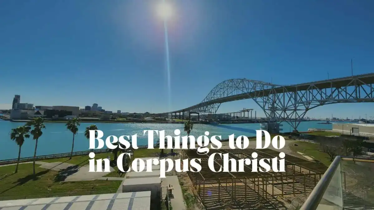 Panoramic scenic view of the Corpus Christi downtown bayfront marina and Gulf coastline