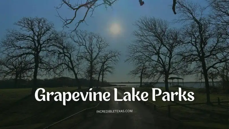 Grapevine Lake shoreline with forested parks and public boat ramps
