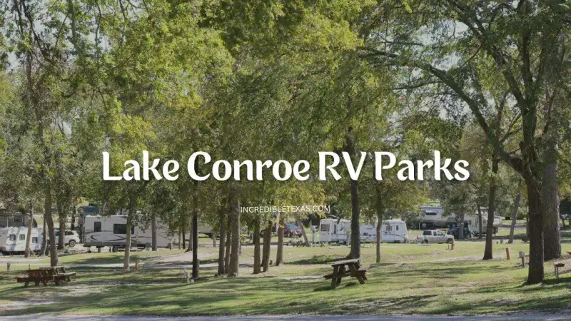 Lake Conroe RV campsite setup with waterfront motorhome pad and wooden boat dock