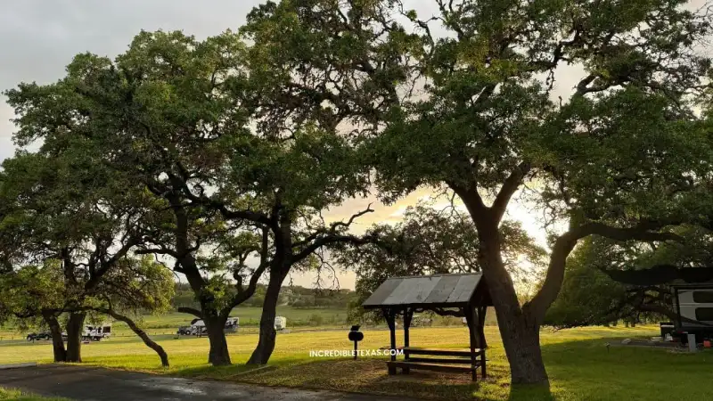 Lakeside campsites and wooded shoreline at Potters Creek Park along Canyon Lake Texas