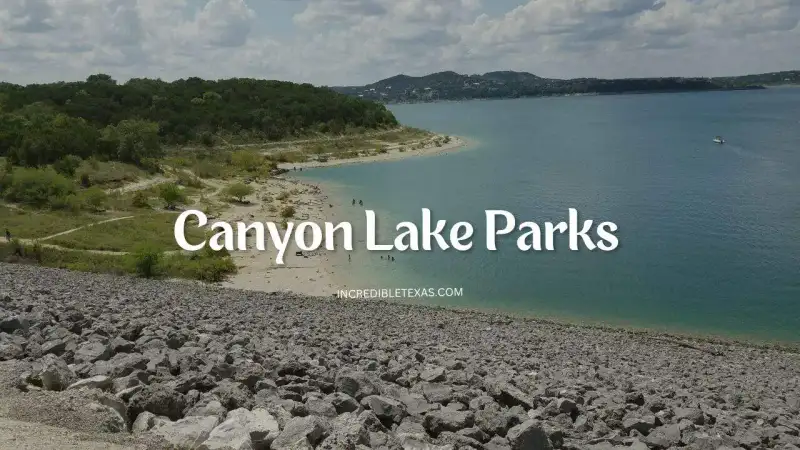Scenic aerial view of turquoise waters and limestone shores across Canyon Lake parks in Texas Hill Country