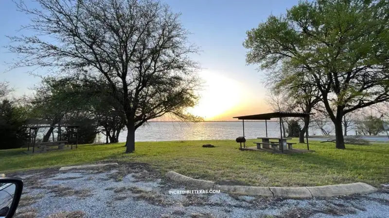 Scenic shoreline and boat ramp at Lakeland Park on Lake Lavon in North Texas