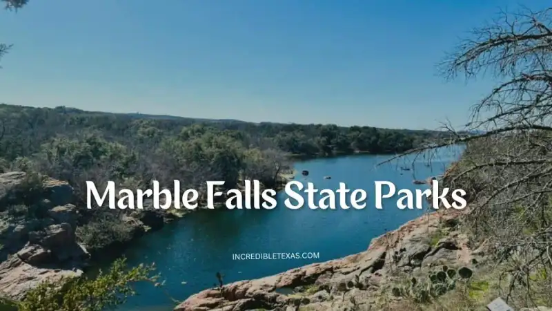 Scenic Texas Hill Country landscape near Marble Falls with granite outcroppings, wildflowers, and lake shoreline