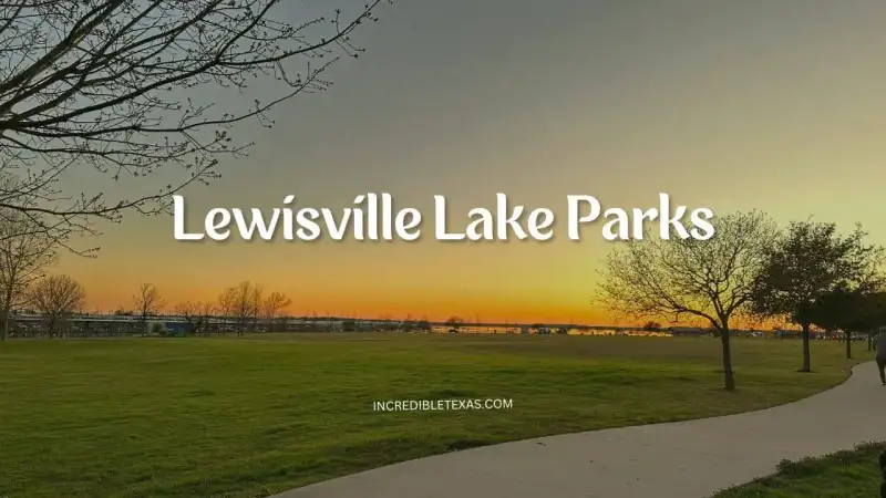 Lakeside recreation area at Lewisville Lake with picnic tables and boat ramps along the Denton County shoreline