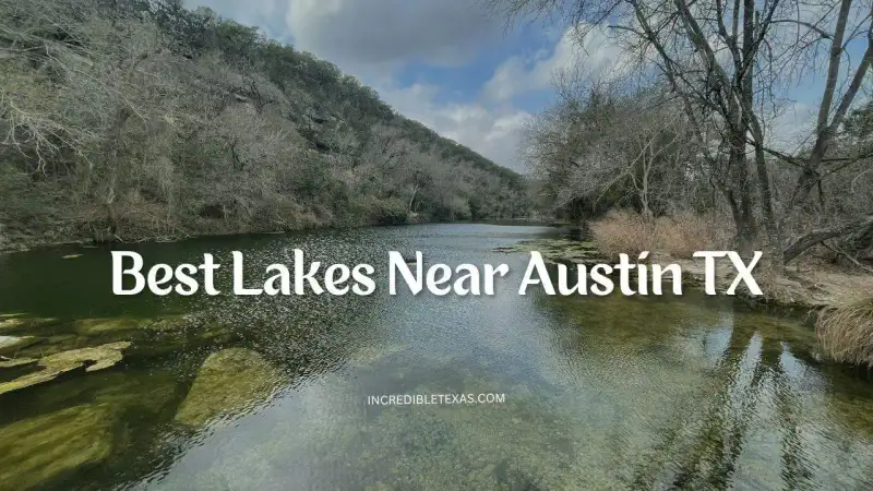 Scenic sunset view across Central Texas lake waters with tree-lined shoreline near Austin