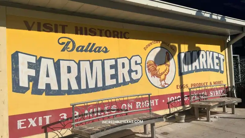 Open-air pavilion stalls displaying fresh produce at the Dallas Farmers Market