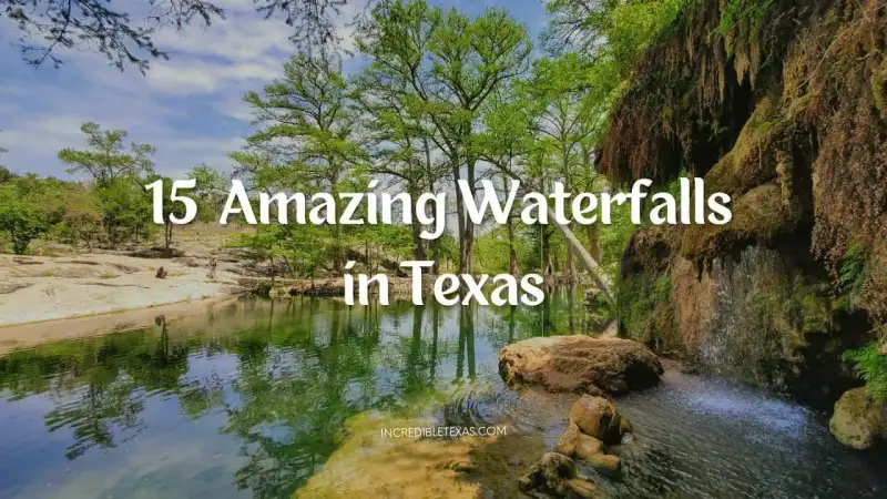 Cascading clear water tumbling over limestone shelves into a serene natural pool in Texas