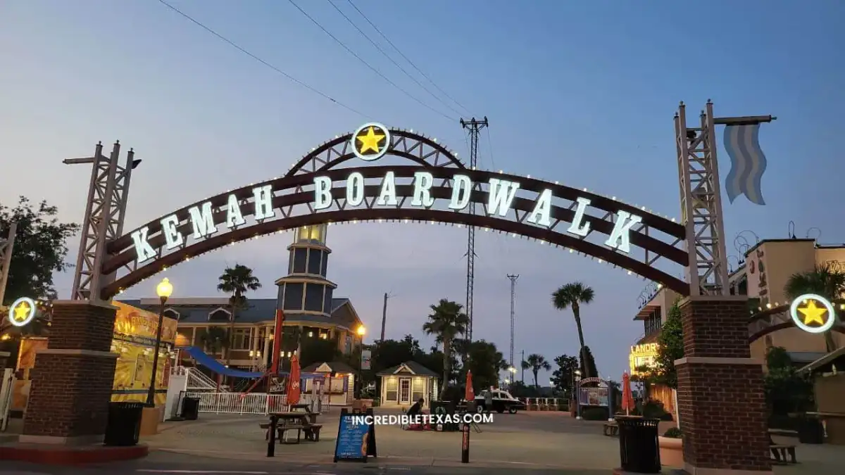 Kemah Boardwalk roller coaster and waterfront amusements along Galveston Bay