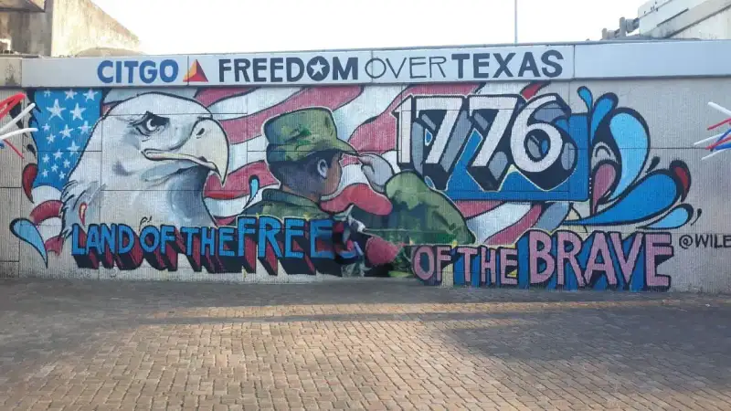Houston downtown skyline during Fourth of July celebration along Buffalo Bayou