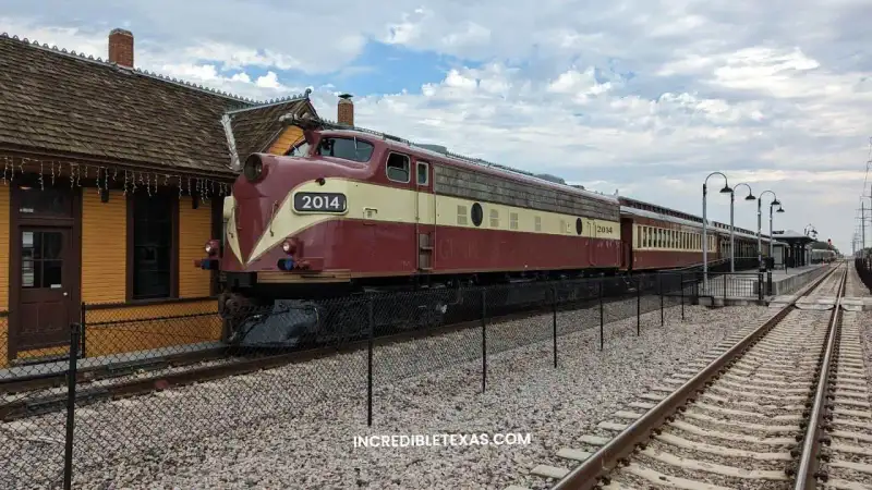 Grapevine Vintage Railroad locomotive and vintage passenger coaches at the historic Cotton Belt Depot platform