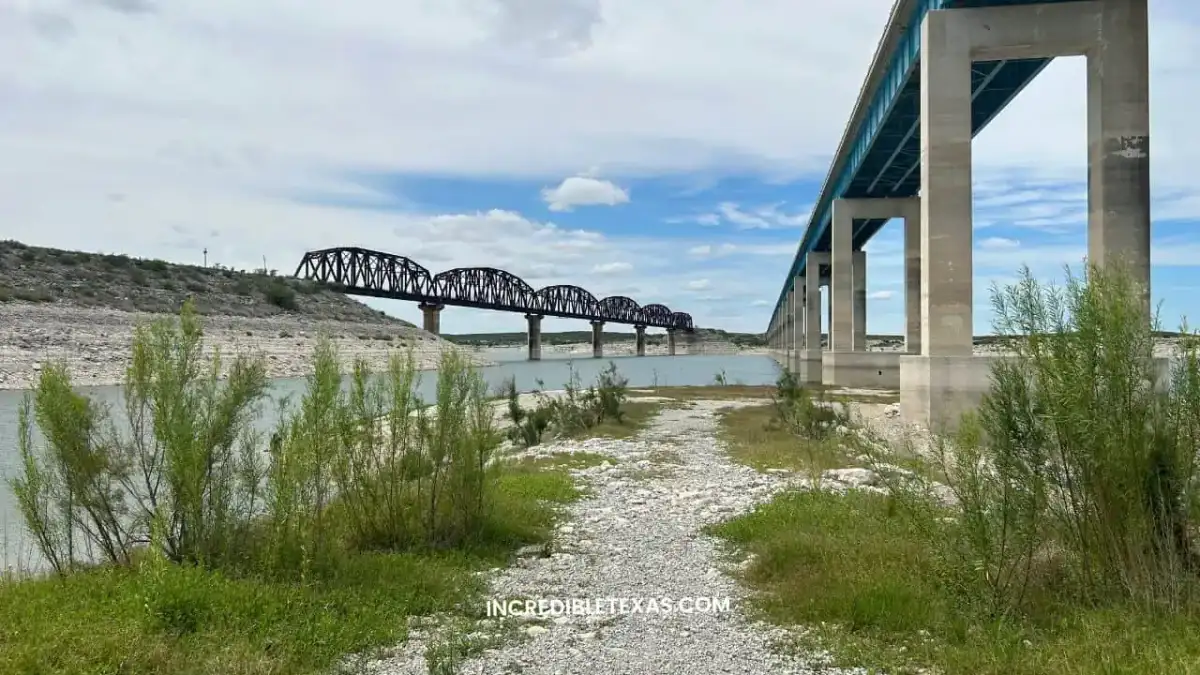 Limestone bluffs and clear blue waters of Amistad Reservoir along the Rio Grande near Del Rio
