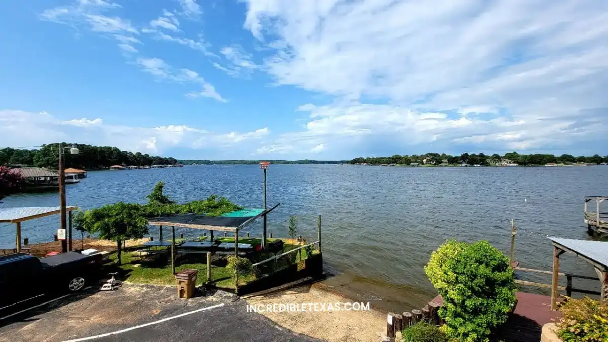 Panoramic shoreline view of Lake Palestine in East Texas with tranquil fishing coves and boat docks