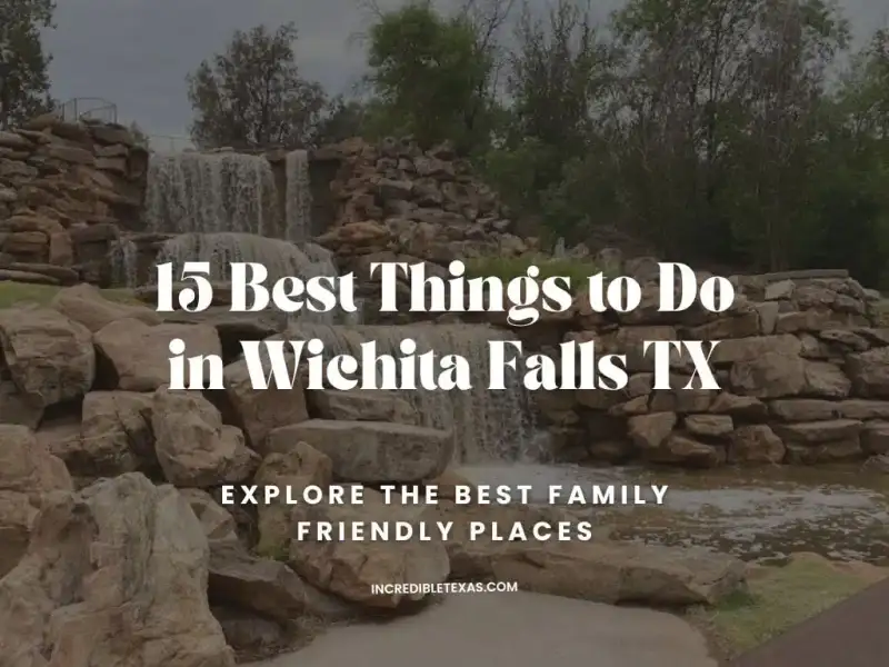 The multi-tiered artificial waterfall flowing over rocks at Lucy Park in Wichita Falls Texas