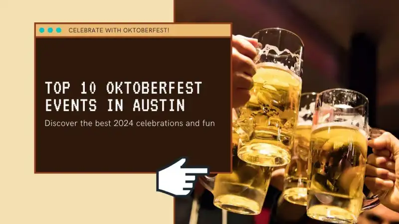 Traditional glass beer steins and Bavarian pretzels on wooden tables at an outdoor Oktoberfest event in Austin