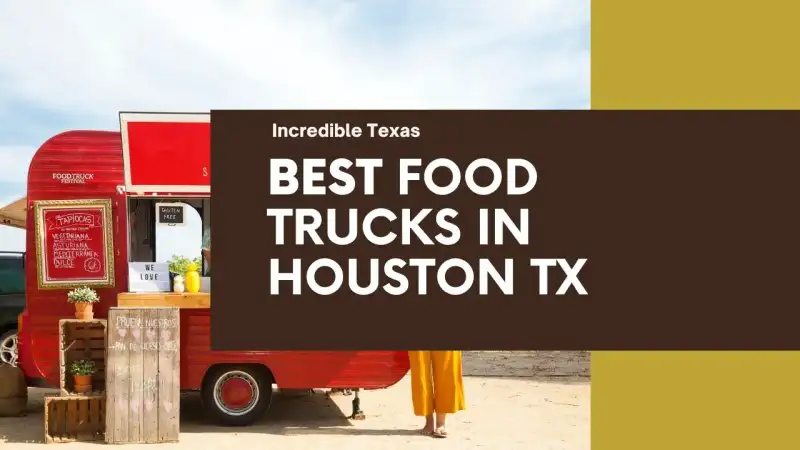 Outdoor food truck lineup parked at a food court in Houston Texas with diners ordering street food