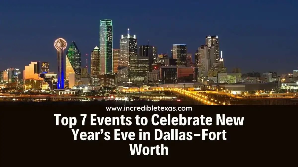 Dallas skyline illuminated with festive lights and midnight fireworks over downtown skyscrapers