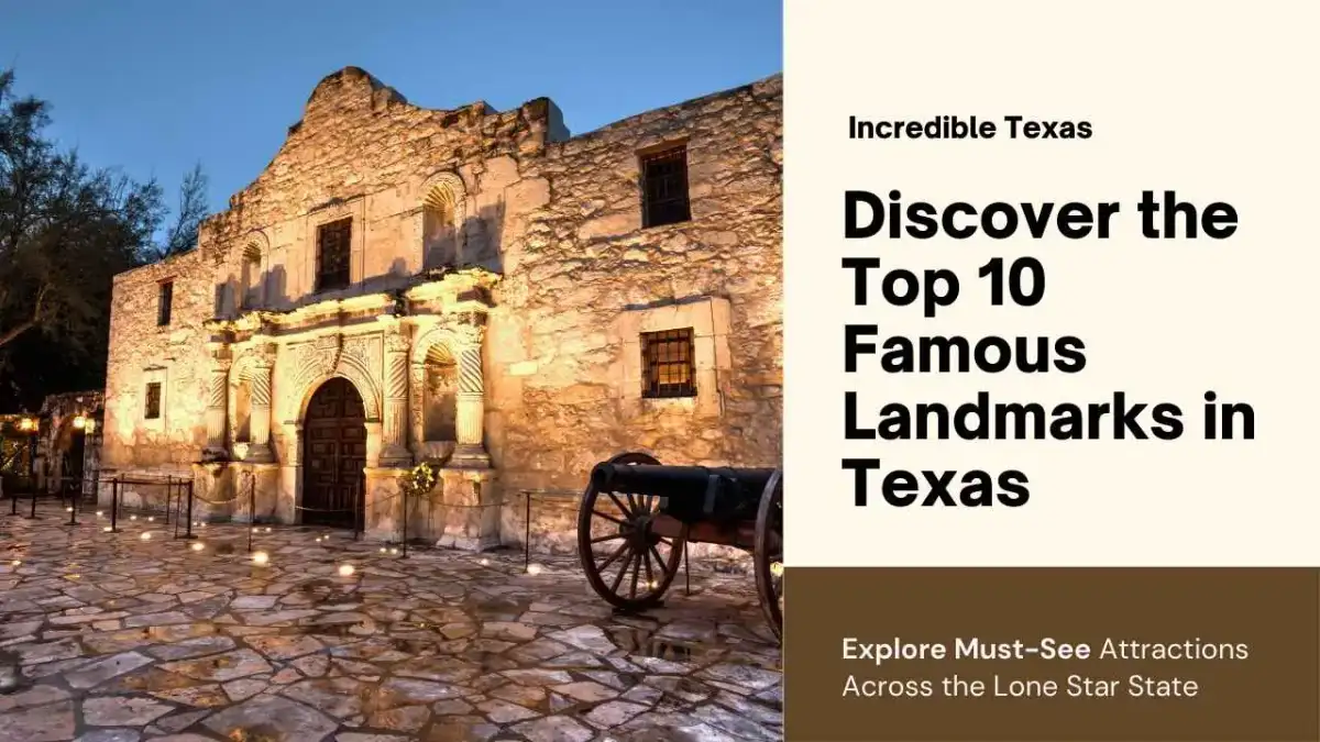 Panoramic view of iconic Texas landmarks including historical monuments and natural wonders