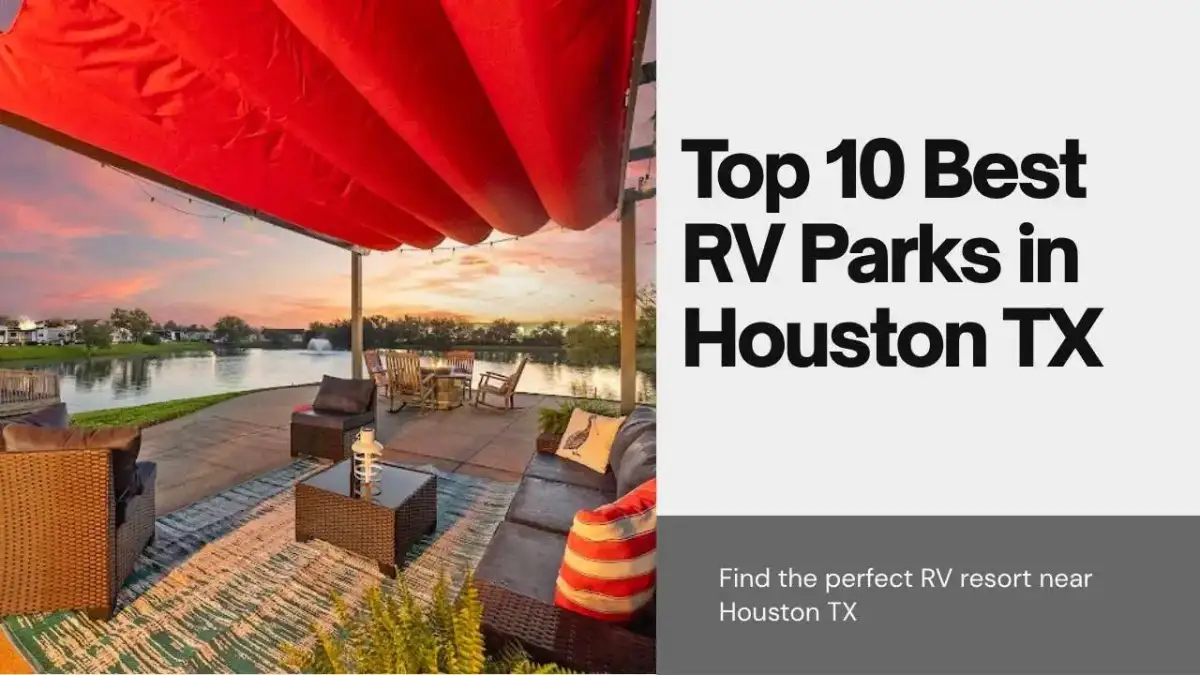 Class A motorhome parked on concrete pad at a luxury Houston RV resort with swimming pool