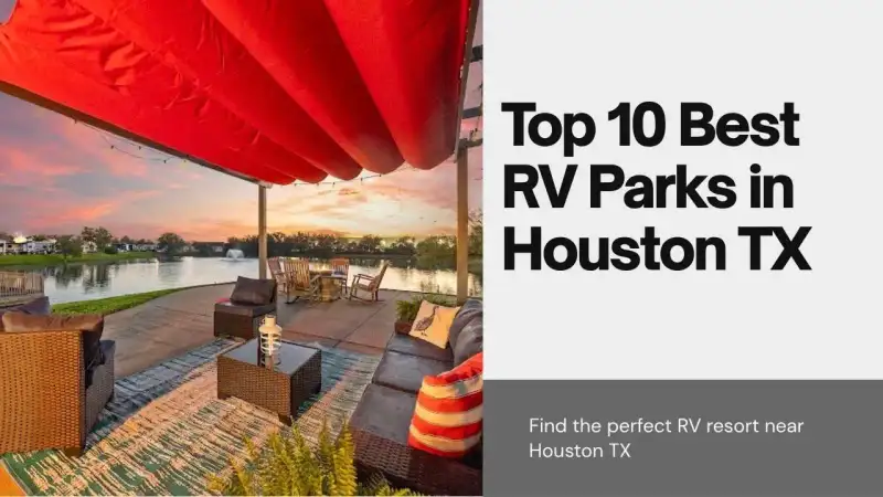 Class A motorhome parked on concrete pad at a luxury Houston RV resort with swimming pool