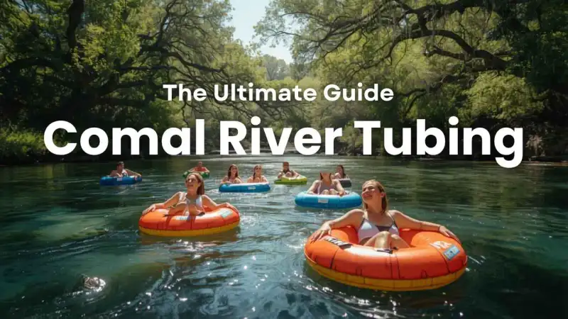 Tubers floating on inflated tubes through the clear Comal River in New Braunfels Texas