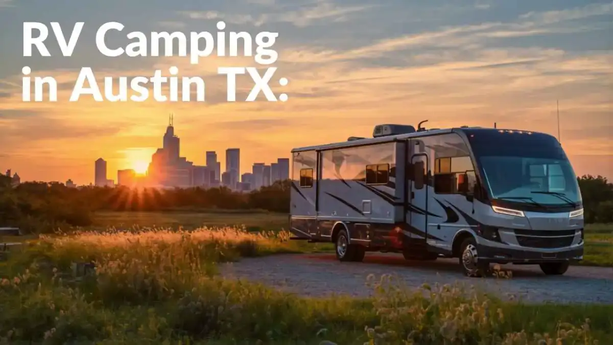 Motorhome parked under mature shade trees at an RV campground near Austin Texas