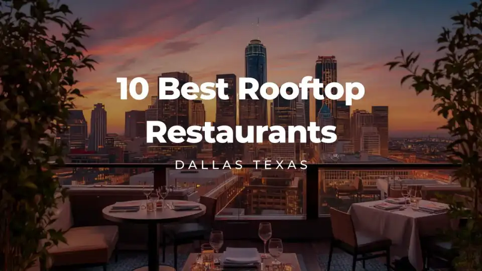Rooftop dining terrace in Dallas Texas with skyline views and evening table seating
