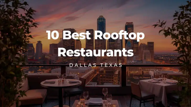 Rooftop dining terrace in Dallas Texas with skyline views and evening table seating