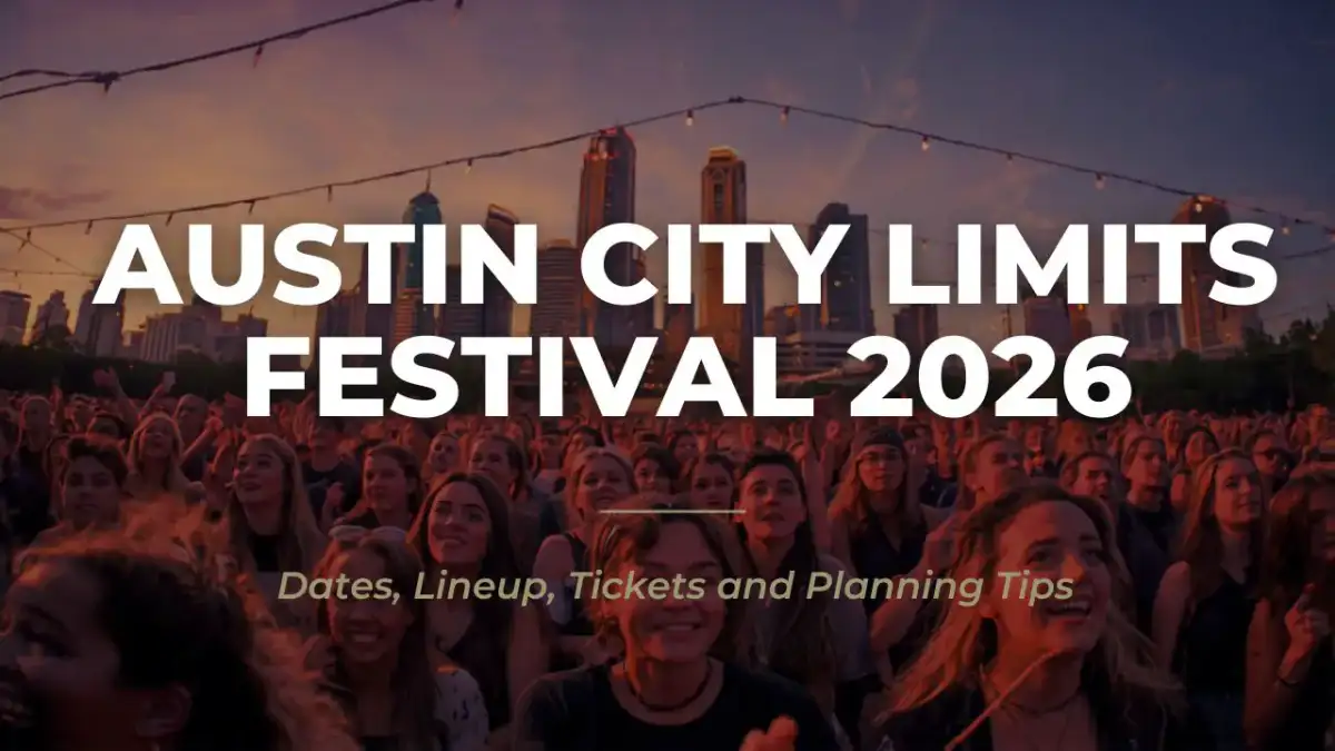 Crowd gathered before the main outdoor stage at sunset during Austin City Limits Festival 2026 in Zilker Park
