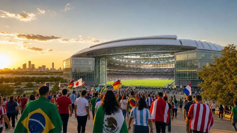 Exterior view of Dallas Stadium with illuminated glass facade and tournament entrance plaza