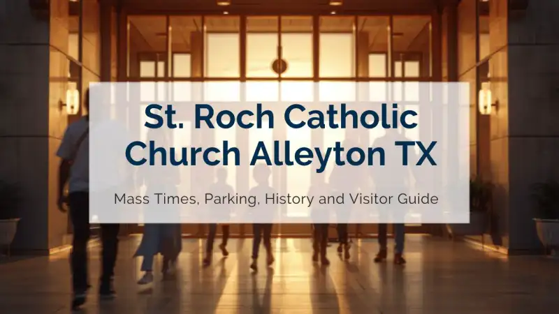 Exterior facade and historic grounds of St. Roch Catholic Church in Alleyton Texas