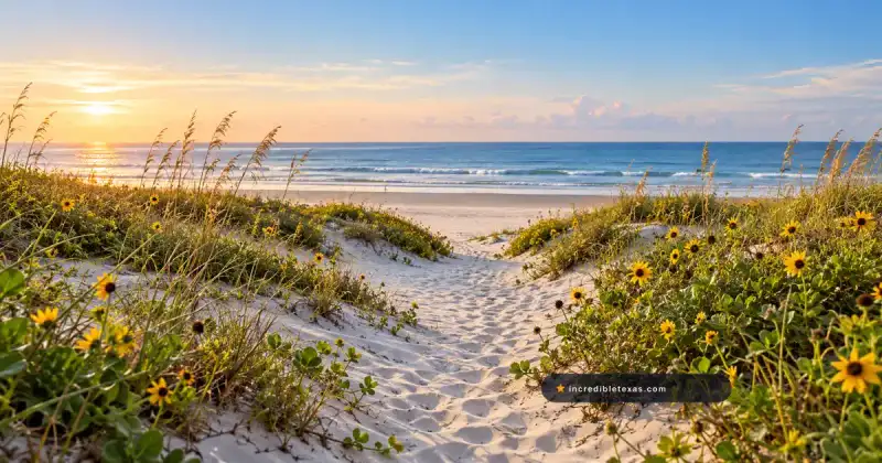 Sandy path between dune grasses opens onto the Gulf at Malaquite Beach near Corpus Christi