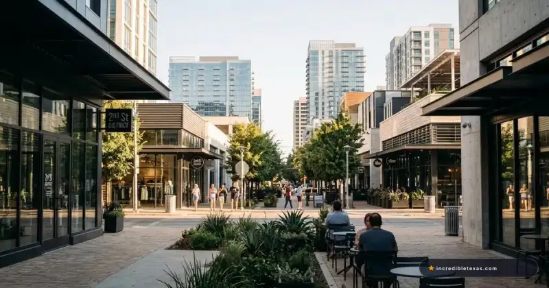 Tree-lined pedestrian sidewalks with outdoor dining patios and modern boutique storefronts in 2nd Street District Austin